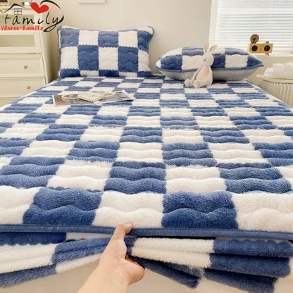 Arctic Velvet Mattress Cover Pad Checkerboard Series Soybean Antibacterial Cotton Fitted Sheet Double Bed Dust Mite Queen Size