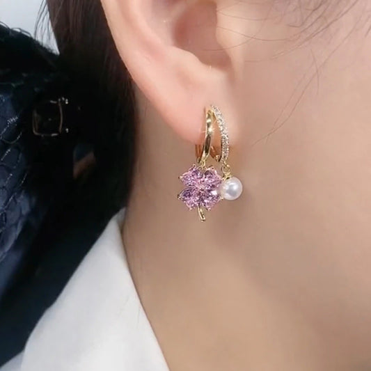 New Trendy Earrings Elegant Imitation Pearl Pink Earrings for Women Crystal Exquisite Ear Buckle Earring Everyday Jewelry