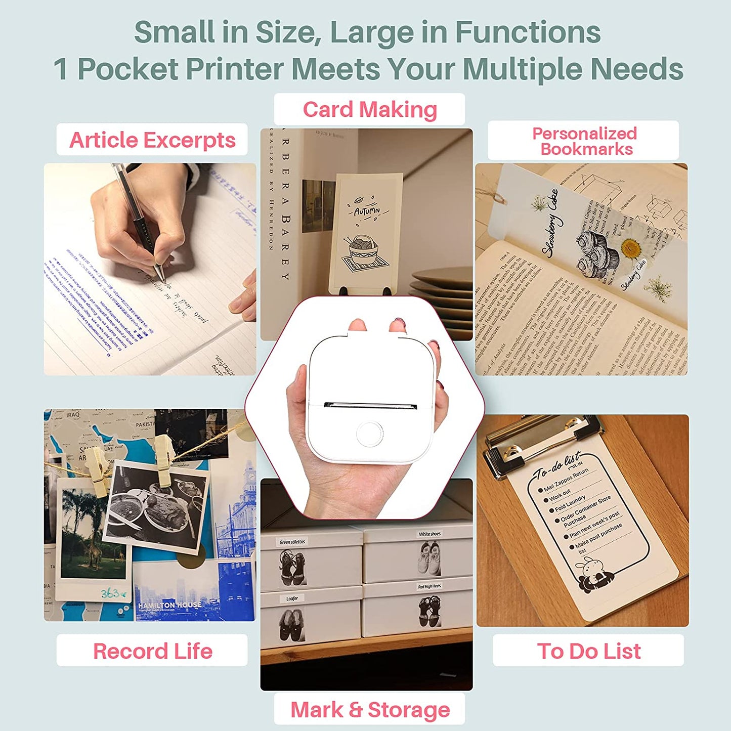 Mini Printer T02 Bluetooth Inkless Instant Photo Printer, Small Thermal Pocket Sticker Printer, Portable Mobile Phone Picture Printer, for Kids Birthday, Children, White