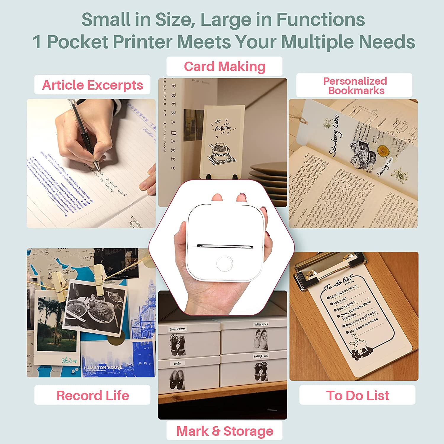 Mini Printer T02 Bluetooth Inkless Instant Photo Printer, Small Thermal Pocket Sticker Printer, Portable Mobile Phone Picture Printer, for Kids Birthday, Children, White