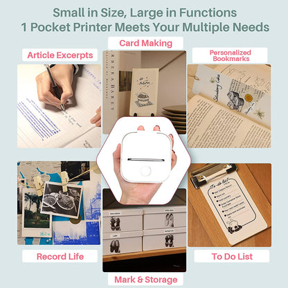 Mini Printer T02 Bluetooth Inkless Instant Photo Printer, Small Thermal Pocket Sticker Printer, Portable Mobile Phone Picture Printer, for Kids Birthday, Children, White